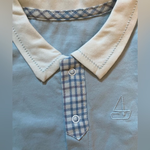 Romper Light Blue With White Collar Trimmed with Blue Plaid NWT Boutique 9 mths - Picture 2 of 5
